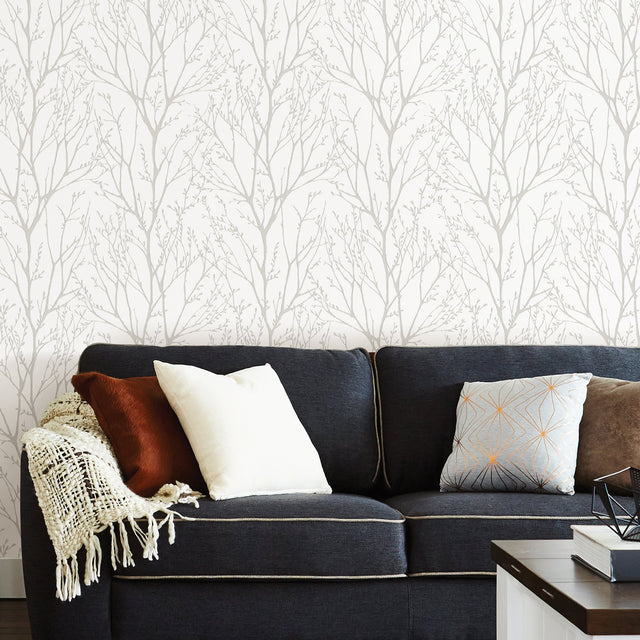 Treetops Silver Peel & Stick Wallpaper with Metallic Tree Motif - NuWallpaper NUS2394