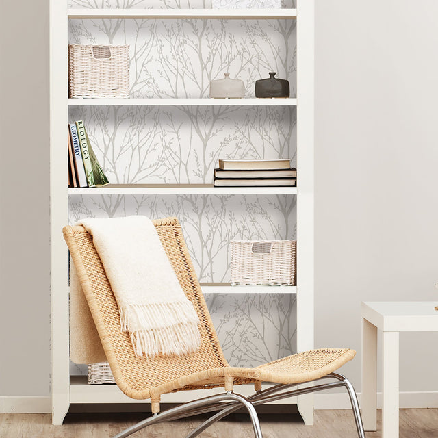 Treetops Silver Peel & Stick Wallpaper with Metallic Tree Motif - NuWallpaper NUS2394