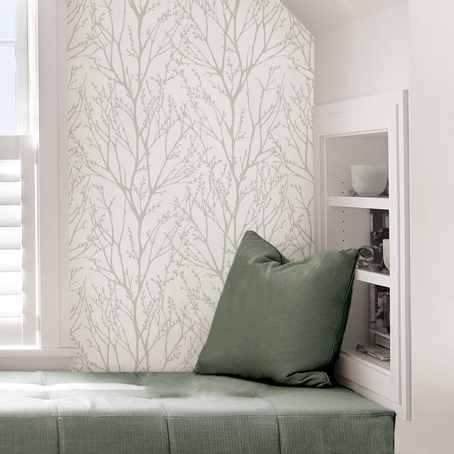 Treetops Silver Peel & Stick Wallpaper with Metallic Tree Motif - NuWallpaper NUS2394