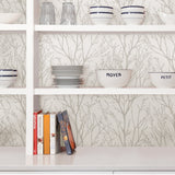 Treetops Silver Peel & Stick Wallpaper with Metallic Tree Motif - NuWallpaper NUS2394