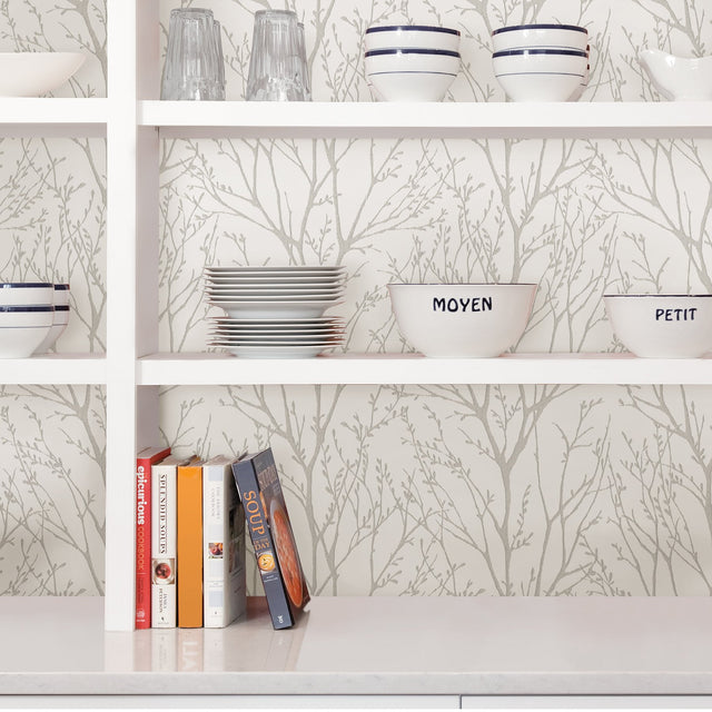 Treetops Silver Peel & Stick Wallpaper with Metallic Tree Motif - NuWallpaper NUS2394