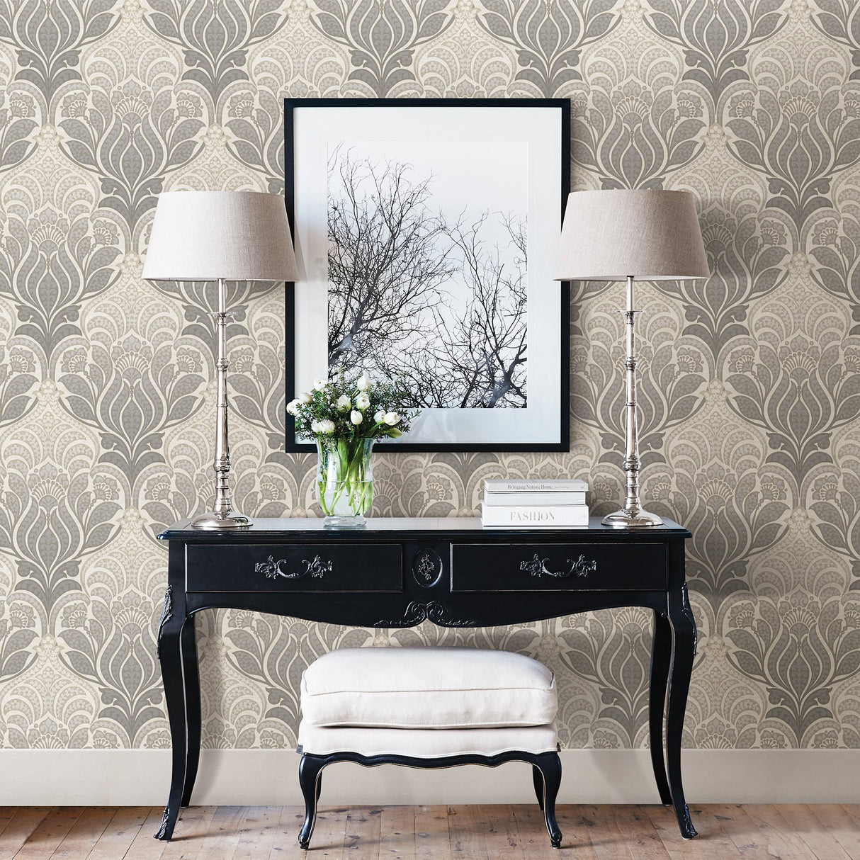 Charisma Grey Peel & Stick Wallpaper with Modern Ombre Damask and Metallic Accents - NuWallpaper NU2396