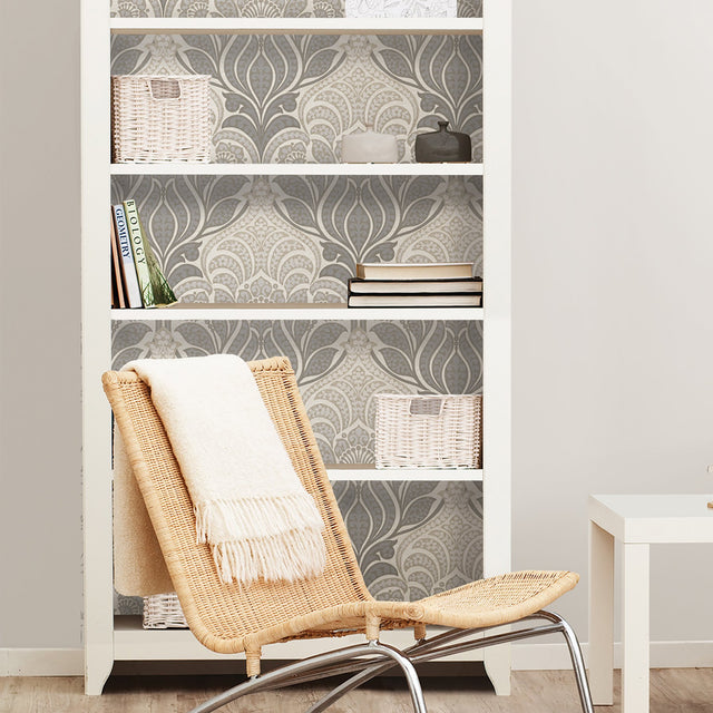 Charisma Grey Peel & Stick Wallpaper with Modern Ombre Damask and Metallic Accents - NuWallpaper NU2396
