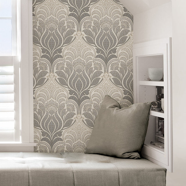 Charisma Grey Peel & Stick Wallpaper with Modern Ombre Damask and Metallic Accents - NuWallpaper NU2396
