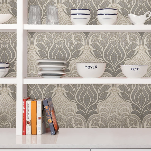 Charisma Grey Peel & Stick Wallpaper with Modern Ombre Damask and Metallic Accents - NuWallpaper NU2396