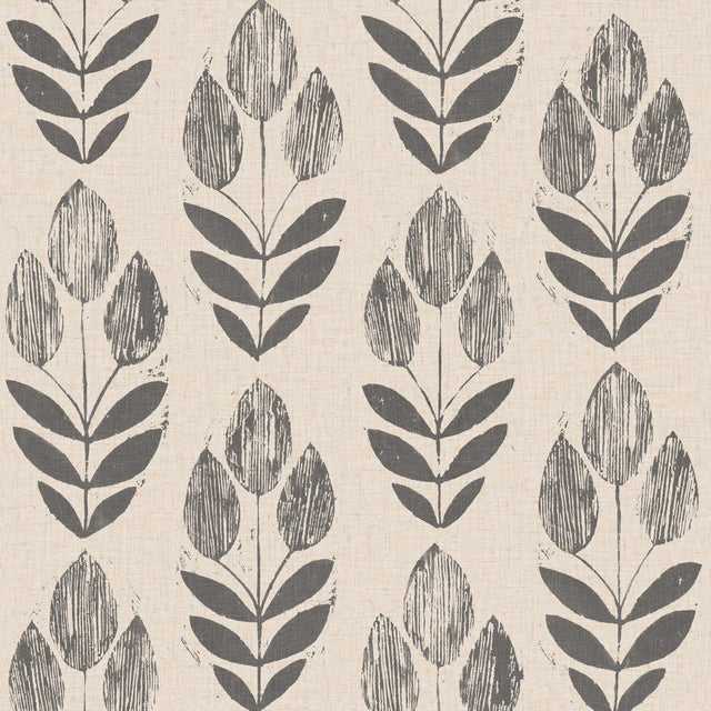 Folk Tulip Charcoal Peel & Stick Wallpaper with Scandinavian Motif - NuWallpaper NUS2459