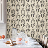 Folk Tulip Charcoal Peel & Stick Wallpaper with Scandinavian Motif - NuWallpaper NUS2459