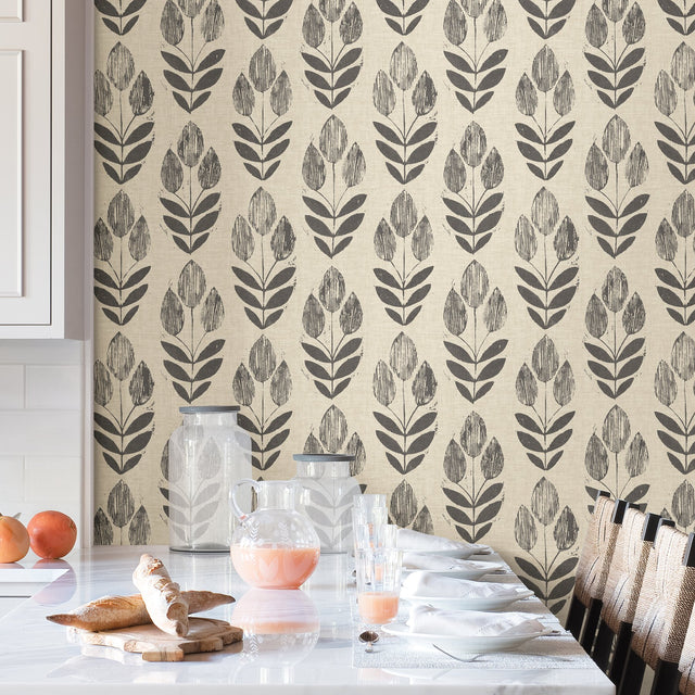 Folk Tulip Charcoal Peel & Stick Wallpaper with Scandinavian Motif - NuWallpaper NUS2459