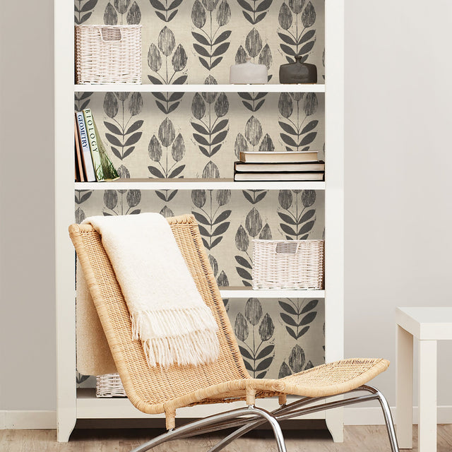 Folk Tulip Charcoal Peel & Stick Wallpaper with Scandinavian Motif - NuWallpaper NUS2459