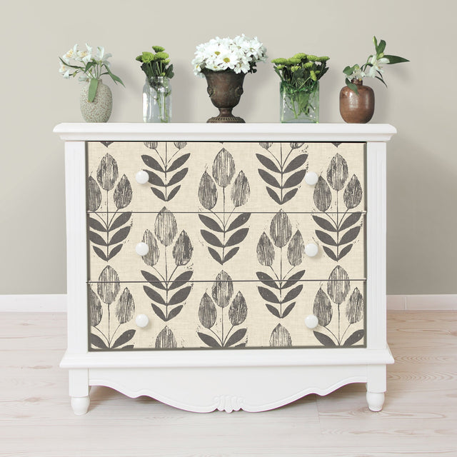 Folk Tulip Charcoal Peel & Stick Wallpaper with Scandinavian Motif - NuWallpaper NUS2459