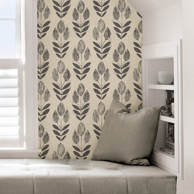 Folk Tulip Charcoal Peel & Stick Wallpaper with Scandinavian Motif - NuWallpaper NUS2459