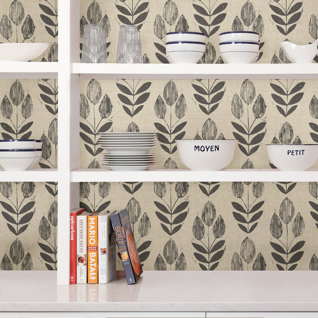 Folk Tulip Charcoal Peel & Stick Wallpaper with Scandinavian Motif - NuWallpaper NUS2459