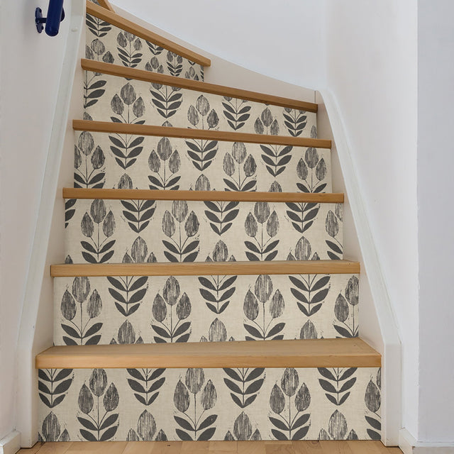 Folk Tulip Charcoal Peel & Stick Wallpaper with Scandinavian Motif - NuWallpaper NUS2459