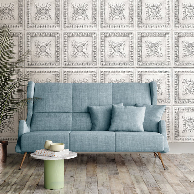 Reclaimed Tin Grey Peel & Stick Wallpaper with Metallic Accents - NuWallpaper NU2495