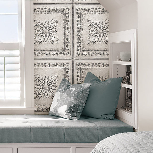 Reclaimed Tin Grey Peel & Stick Wallpaper with Metallic Accents - NuWallpaper NU2495