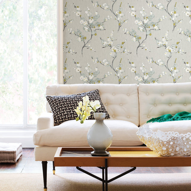 Mirei Grey Peel & Stick Wallpaper with Eastern Floral Motif - NuWallpaper NU2679