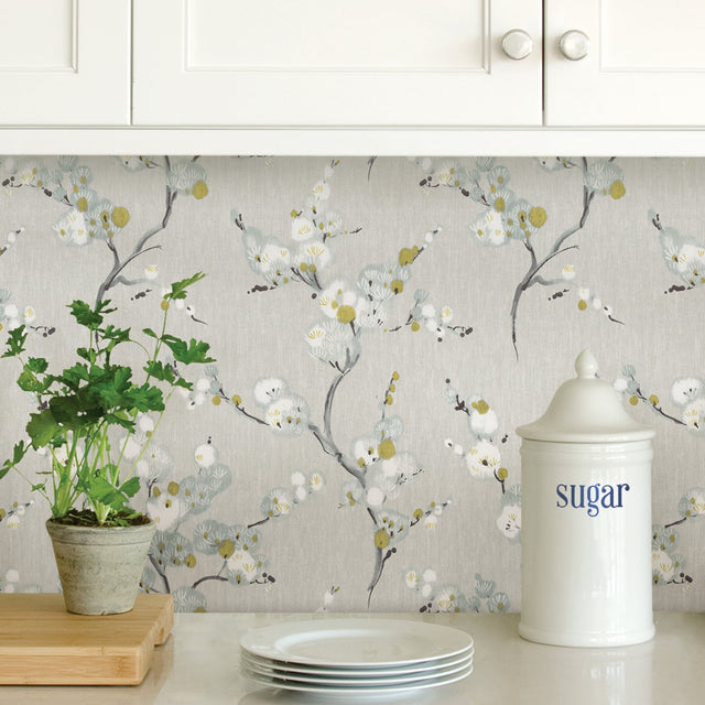 Mirei Grey Peel & Stick Wallpaper with Eastern Floral Motif - NuWallpaper NU2679