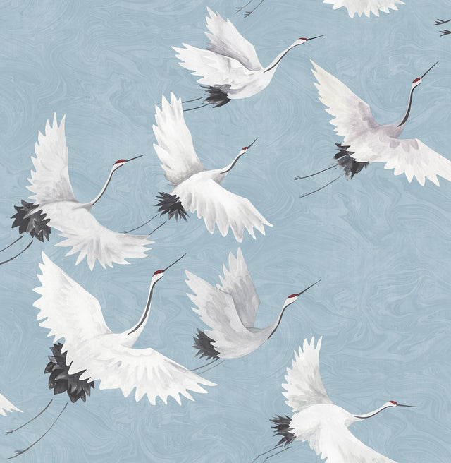 Halcyon Blue Peel & Stick Wallpaper with Hand-Painted Crane Pattern - NuWallpaper NU2680