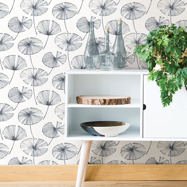 Aya White Peel & Stick Wallpaper with Navy Botanical Motif - NuWallpaper NU2683