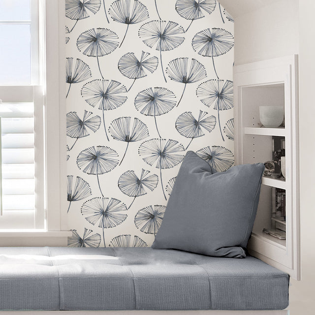 Aya White Peel & Stick Wallpaper with Navy Botanical Motif - NuWallpaper NU2683