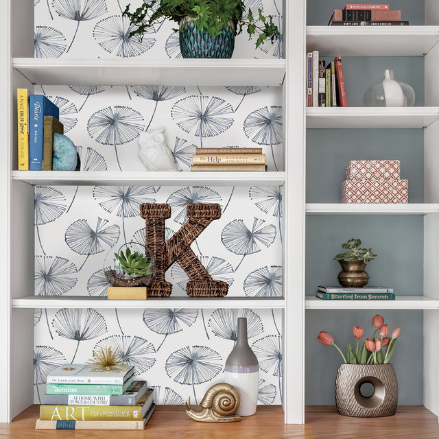 Aya White Peel & Stick Wallpaper with Navy Botanical Motif - NuWallpaper NU2683