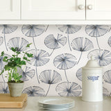 Aya White Peel & Stick Wallpaper with Navy Botanical Motif - NuWallpaper NU2683