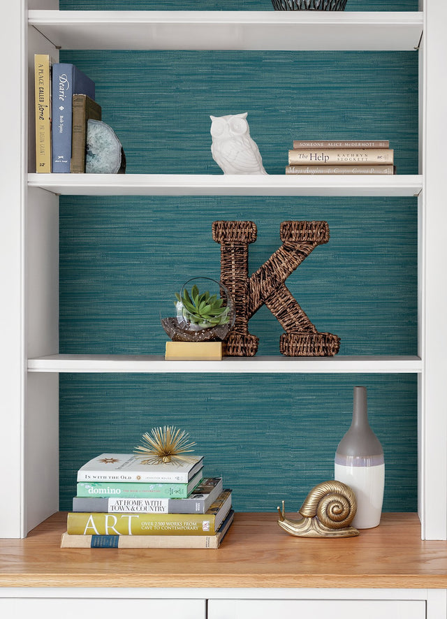 Grassweave Steel Blue Peel & Stick Wallpaper with Textured Faux Grasscloth Pattern - NuWallpaper NU2874