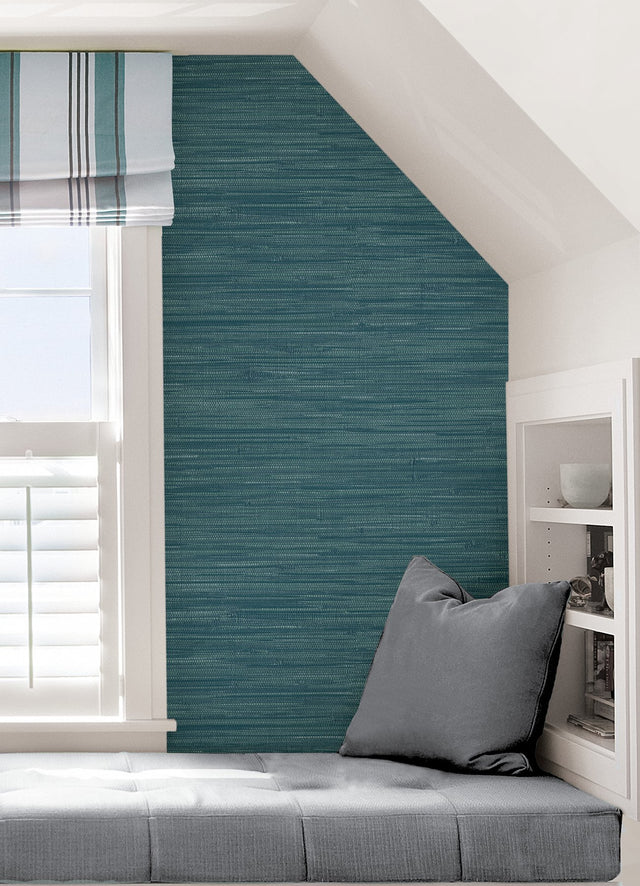 Grassweave Steel Blue Peel & Stick Wallpaper with Textured Faux Grasscloth Pattern - NuWallpaper NU2874