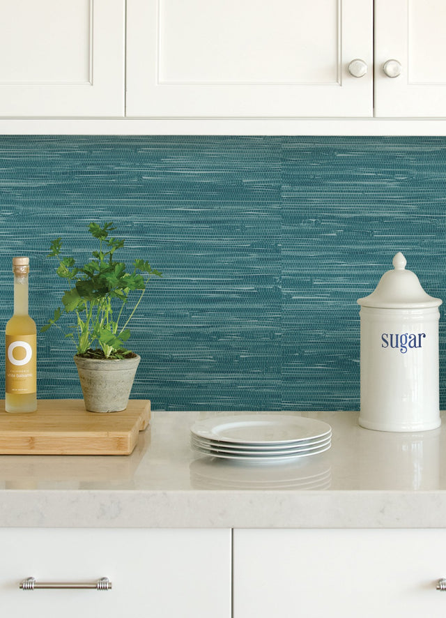 Grassweave Steel Blue Peel & Stick Wallpaper with Textured Faux Grasscloth Pattern - NuWallpaper NU2874