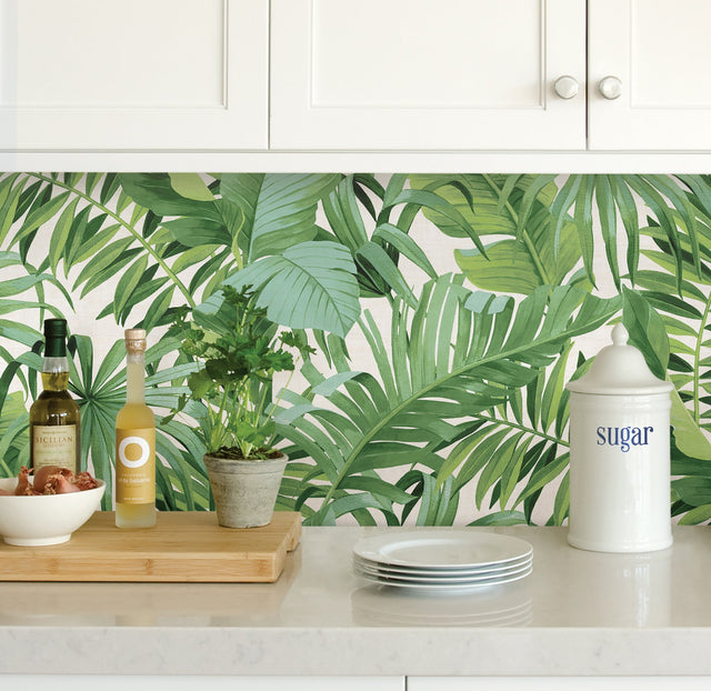 Maui Green Peel & Stick Wallpaper with Tropical Palm and Banana Leaf Motif - NuWallpaper NU2906
