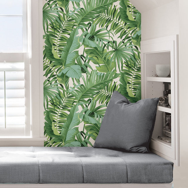 Maui Green Peel & Stick Wallpaper with Tropical Palm and Banana Leaf Motif - NuWallpaper NU2906