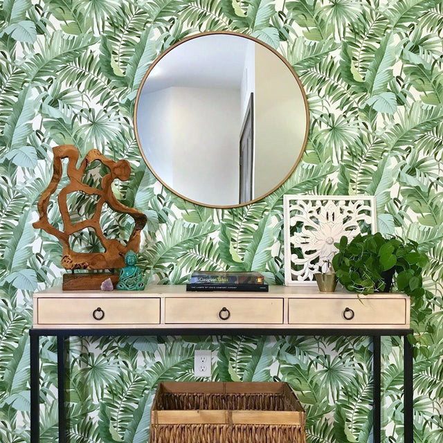 Maui Green Peel & Stick Wallpaper with Tropical Palm and Banana Leaf Motif - NuWallpaper NU2906
