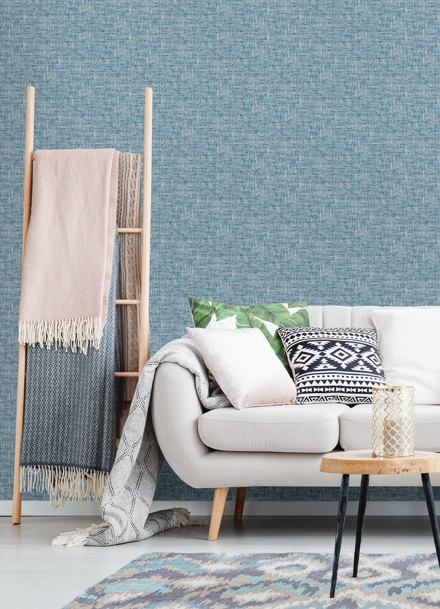 Poplin Texture Navy Peel & Stick Wallpaper with Woven Fabric Look - NuWallpaper NU2918