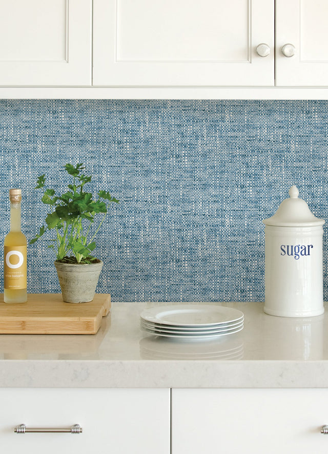 Poplin Texture Navy Peel & Stick Wallpaper with Woven Fabric Look - NuWallpaper NU2918