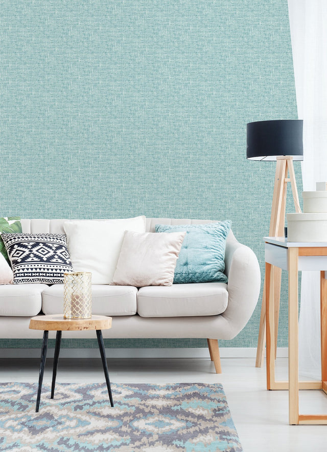 Poplin Texture Aqua Peel & Stick Wallpaper with Textured Woven Look - NuWallpaper NU2919