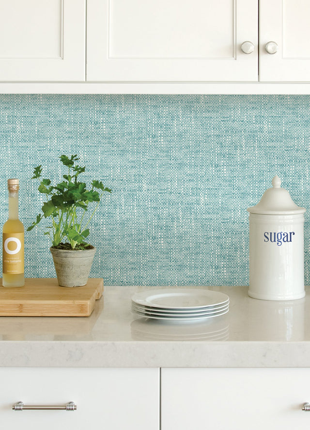 Poplin Texture Aqua Peel & Stick Wallpaper with Textured Woven Look - NuWallpaper NU2919