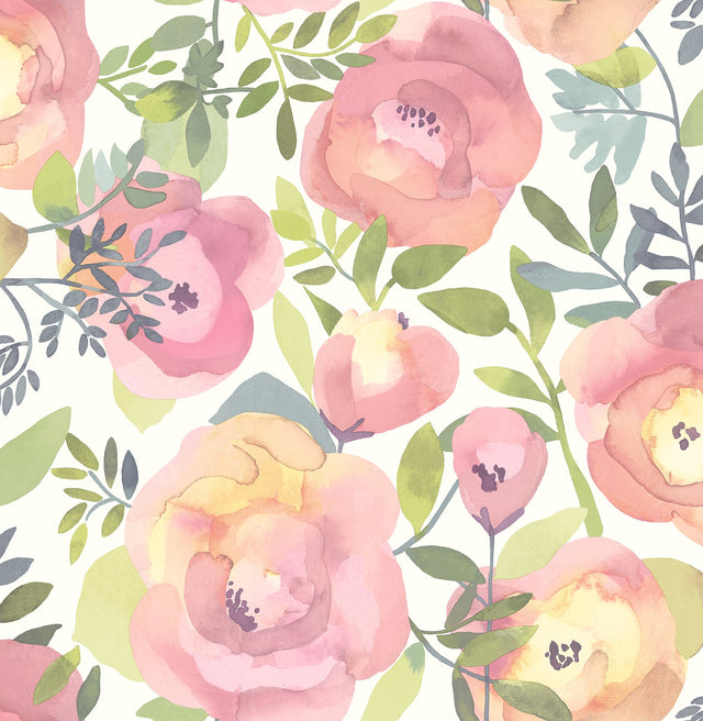 Peachy Keen Pink Peel & Stick Wallpaper with Vintage Floral Watercolor Motif - NuWallpaper NU3035