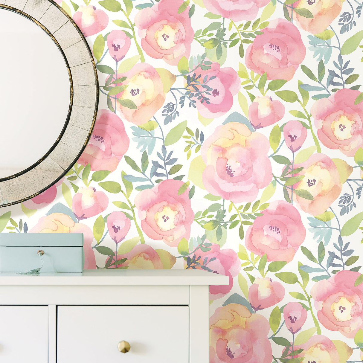Peachy Keen Pink Peel & Stick Wallpaper with Vintage Floral Watercolor Motif - NuWallpaper NU3035