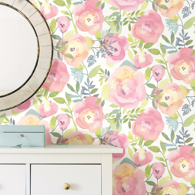 Peachy Keen Pink Peel & Stick Wallpaper with Vintage Floral Watercolor Motif - NuWallpaper NU3035