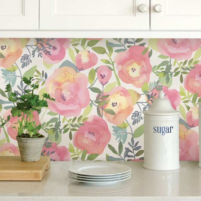 Peachy Keen Pink Peel & Stick Wallpaper with Vintage Floral Watercolor Motif - NuWallpaper NU3035