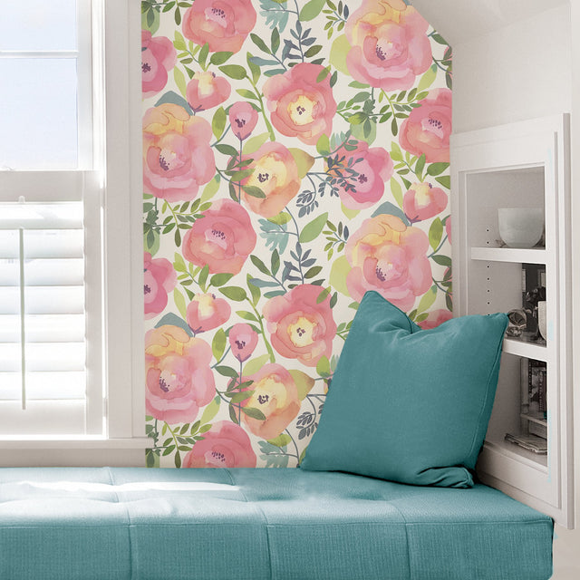 Peachy Keen Pink Peel & Stick Wallpaper with Vintage Floral Watercolor Motif - NuWallpaper NU3035