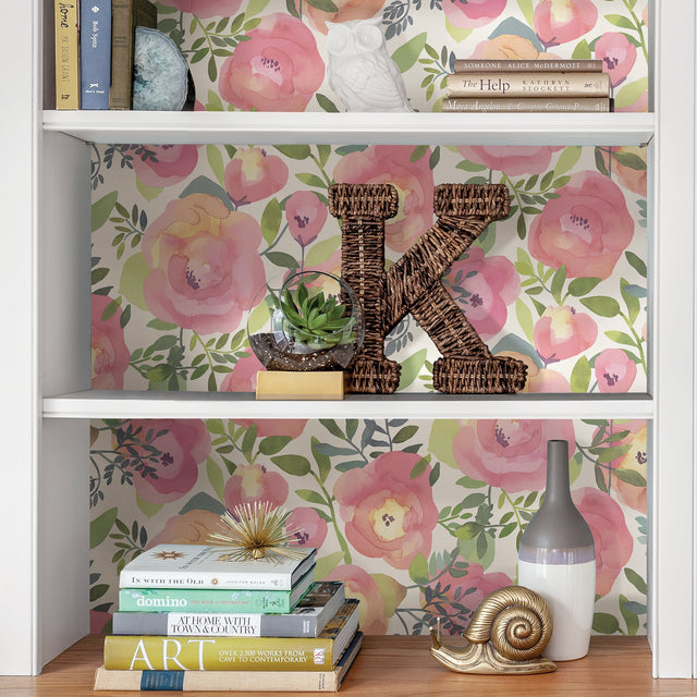 Peachy Keen Pink Peel & Stick Wallpaper with Vintage Floral Watercolor Motif - NuWallpaper NU3035