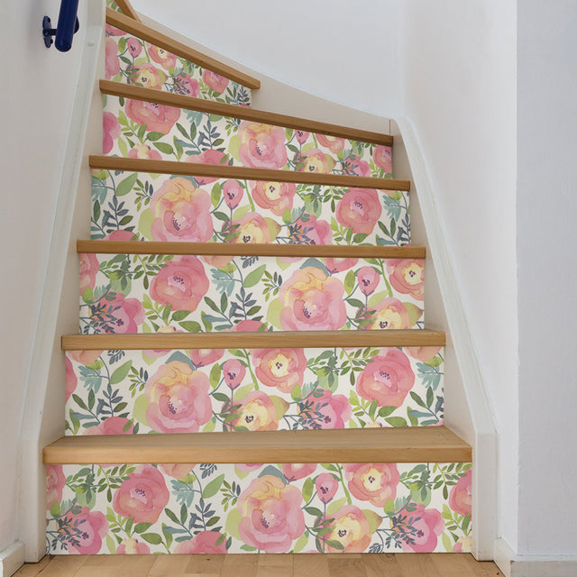 Peachy Keen Pink Peel & Stick Wallpaper with Vintage Floral Watercolor Motif - NuWallpaper NU3035