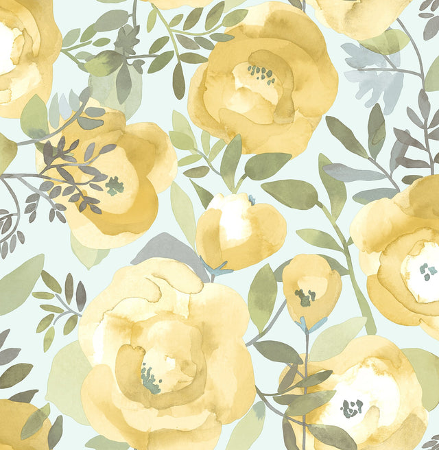 Peachy Keen Yellow Peel & Stick Wallpaper with Watercolor Floral Pattern - NuWallpaper NU3036