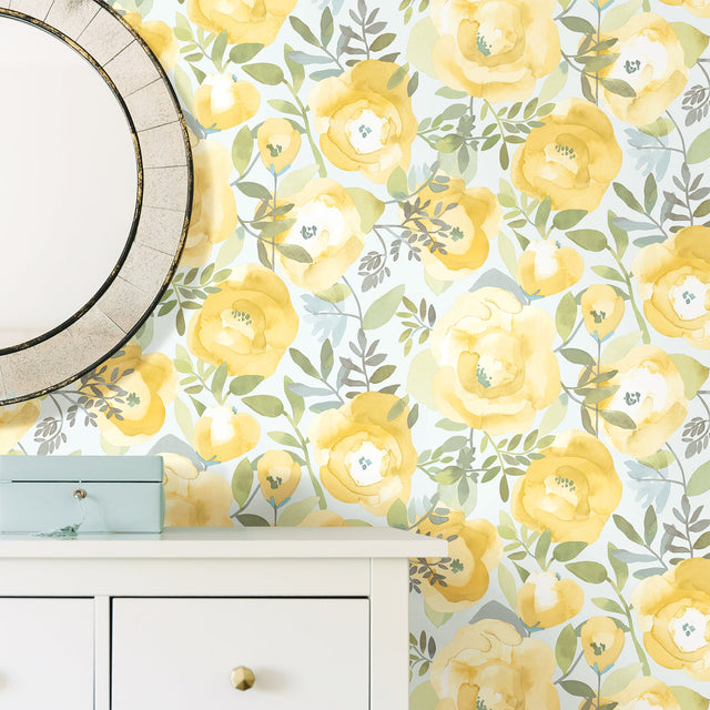 Peachy Keen Yellow Peel & Stick Wallpaper with Watercolor Floral Pattern - NuWallpaper NU3036
