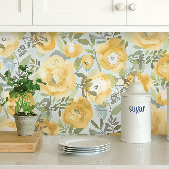 Peachy Keen Yellow Peel & Stick Wallpaper with Watercolor Floral Pattern - NuWallpaper NU3036