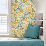 Peachy Keen Yellow Peel & Stick Wallpaper with Watercolor Floral Pattern - NuWallpaper NU3036