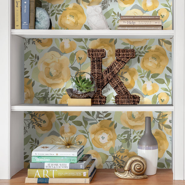 Peachy Keen Yellow Peel & Stick Wallpaper with Watercolor Floral Pattern - NuWallpaper NU3036