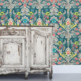Summer Love Teal Peel & Stick Wallpaper with Botanical Damask, Modern Floral Pattern - NuWallpaper NU3037