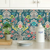 Summer Love Teal Peel & Stick Wallpaper with Botanical Damask, Modern Floral Pattern - NuWallpaper NU3037